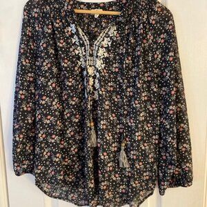 Mason & Belle Women's Black Floral Top Tassels Embroidered Boho Semi-Sheer Large